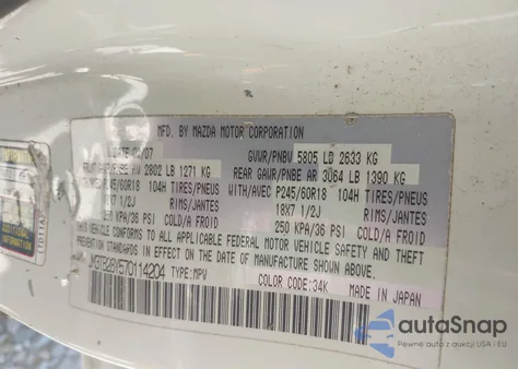 2007 Mazda Cx-9 Sport из США, поврежденный, VIN JM3TB28Y570114204